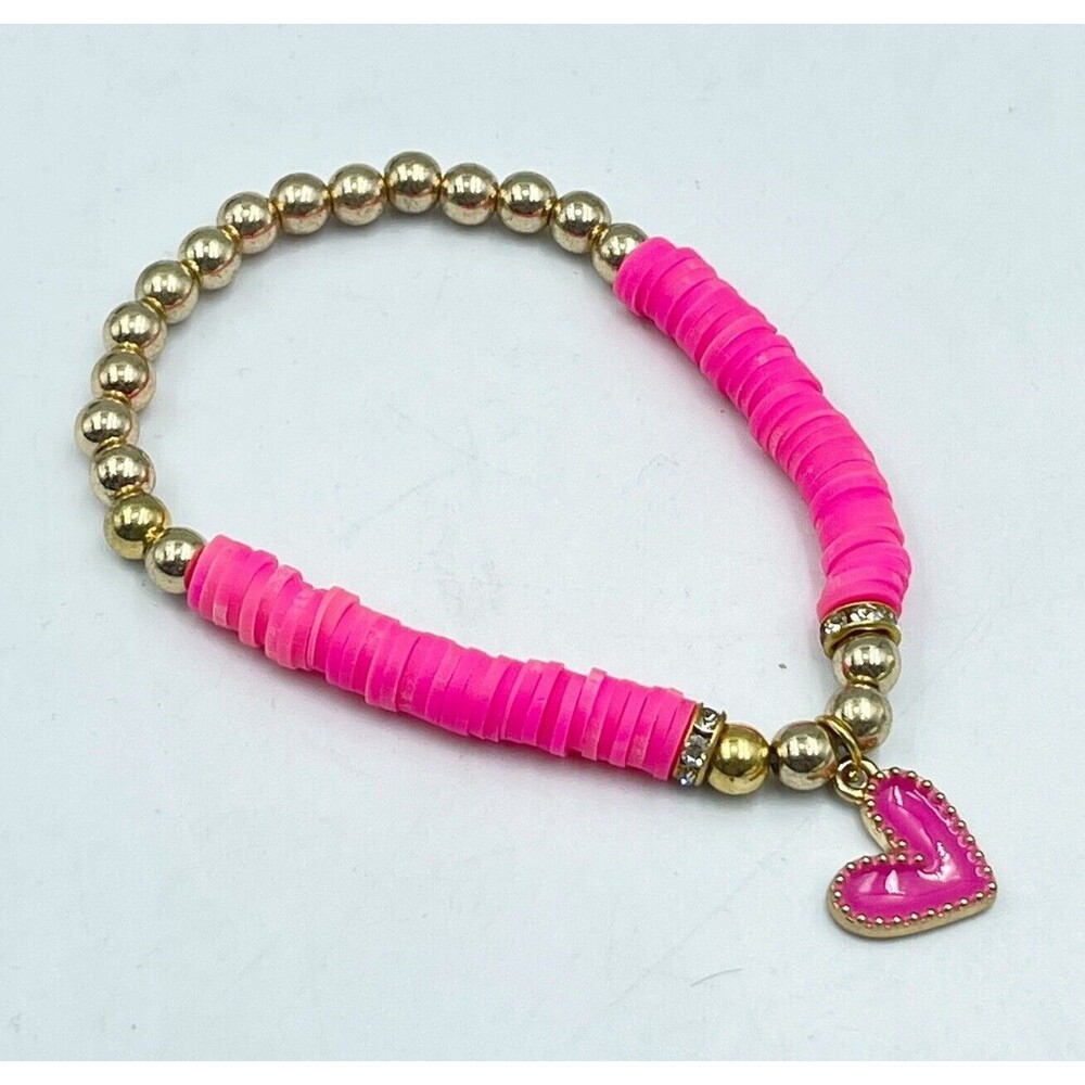 New Women’s & Girls Flat Beads Pink Bracelet With Metal Gold Color Beads White - Picture 7 of 7